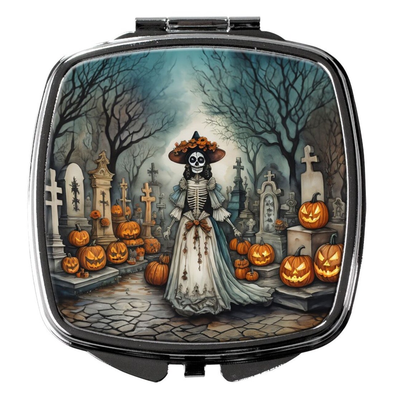 Edge Collections - 2.75" X 3" - Multicolor - La Catrina Halloween Compact Mirror Silvertone Decorative Travel Makeup Mirror - 2 Piece